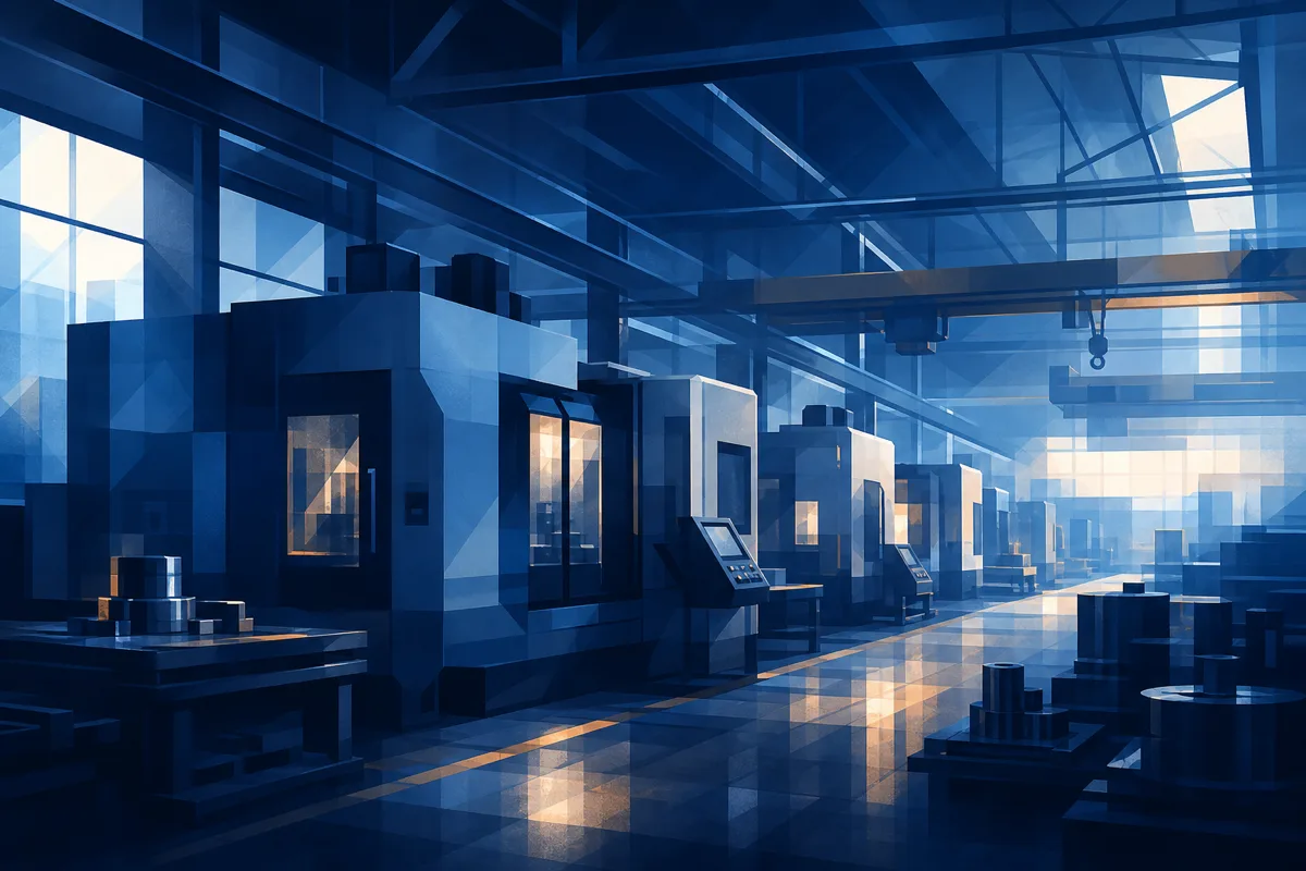 Abstraktní ilustrace moderní výrobní haly s CNC technologií